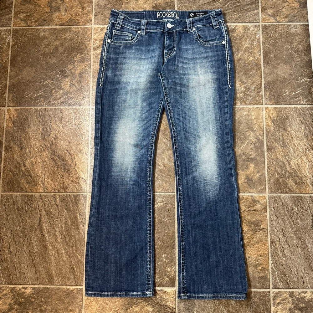 Rock & Roll Cowgirl Riding Jeans Womens 31x32 Low Rise Stone Wash Western Boot